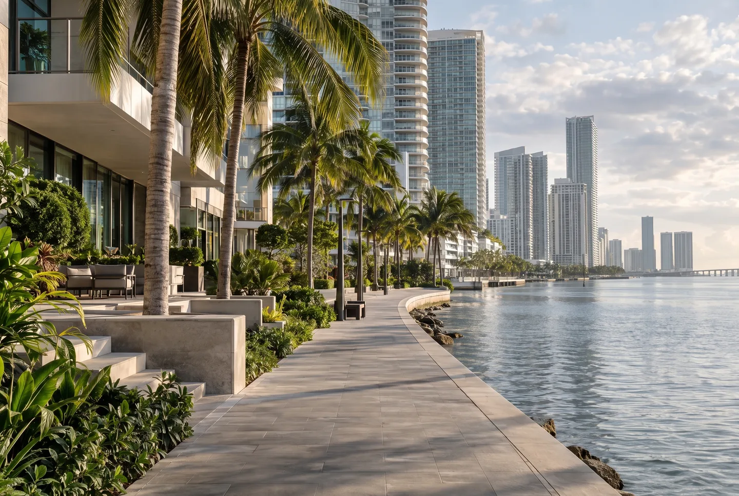 Palm-lined waterfront promenade beside modern condominium towers