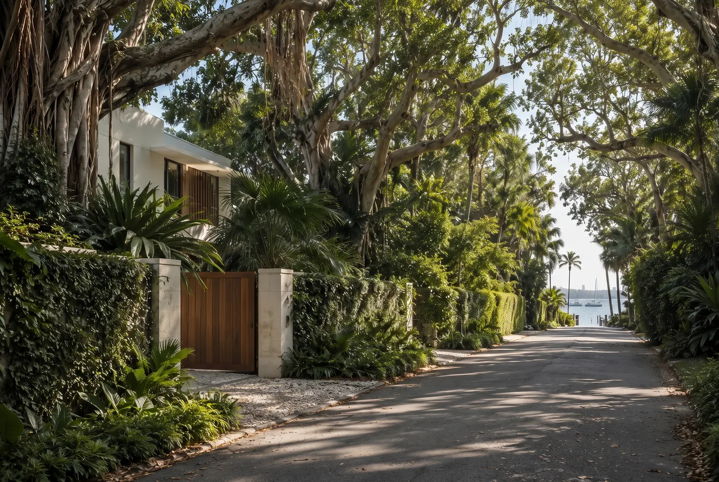 Shaded residential lane with tropical gardens and a glimpse of water