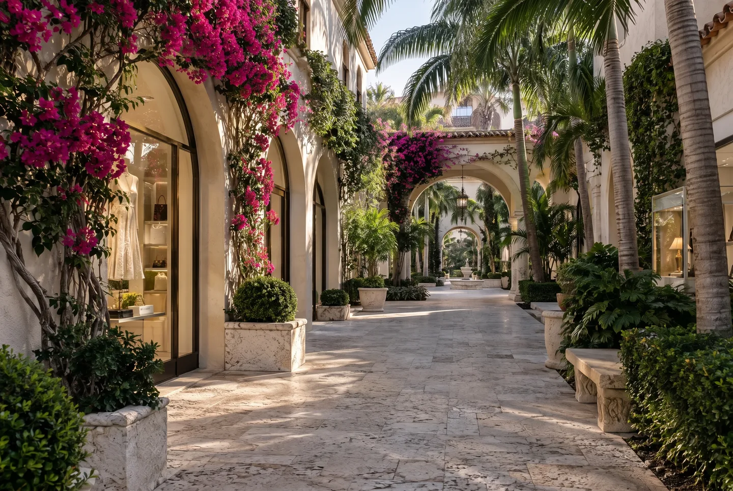Mediterranean-style shopping courtyard with arches and bougainvillea