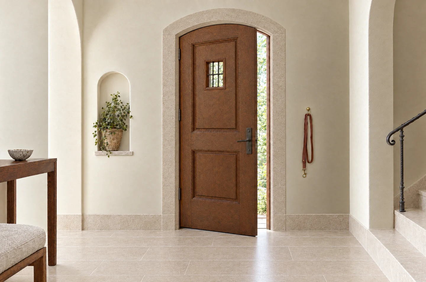 A carved wooden door slightly ajar to a sunlit garden, framed by warm stone and natural textures